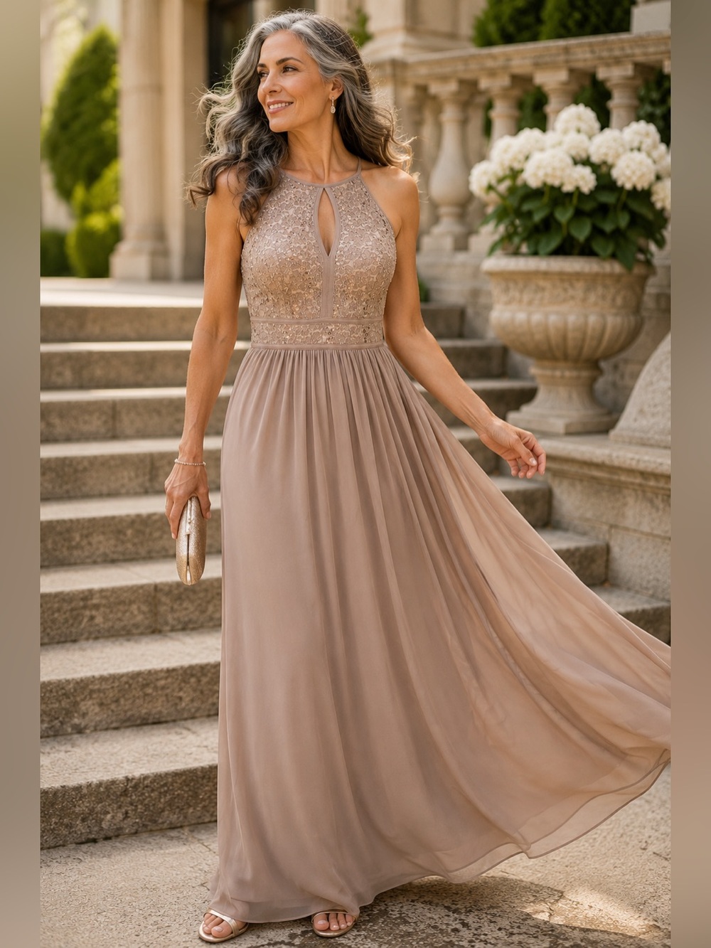 Morgan & Co. Champagne Taupe Sequin Lace Bodice Grecian Maxi Dress Size 5